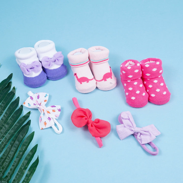 SUNSHINE BABY HEADBAND & SOCKS 6PCS SET PINK & PURPLE 0-9M