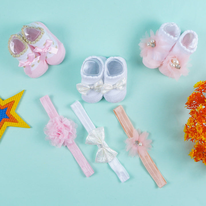 SUNSHINE BABY 6 PCS HEADBAND & SOCKS SET PEARL PEACH (0-9M)