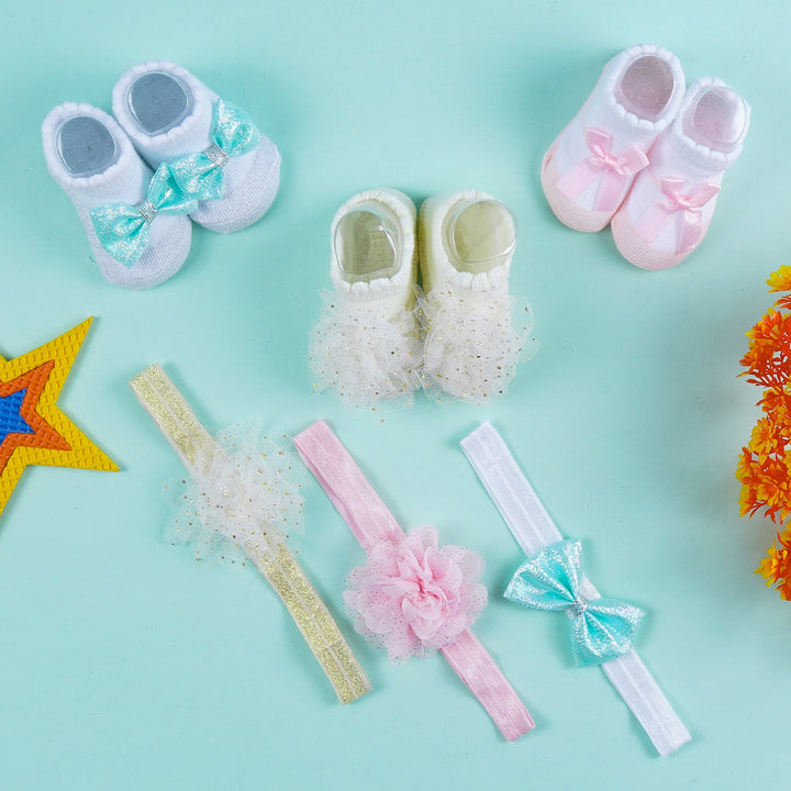 SUNSHINE BABY 6 PCS HEADBAND & SOCKS SET FLOWERS & BOW SEA GREEN (0-9M)