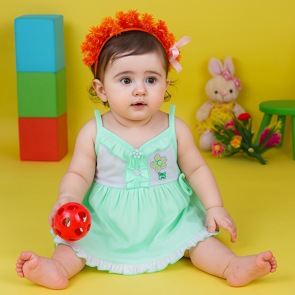 Baby Sleeveless Frock Flower Green (0-3 Months) - Sunshine