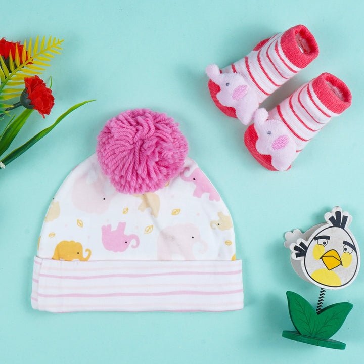 SUNSHINE BABY 2 PCS CAP & SOCKS SET ELEPHANT PINK