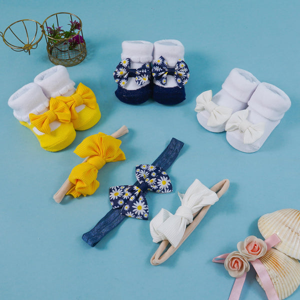 SUNSHINE BABY 6 PCS HEADBAND & SOCKS SET BOW YELLOW 0-9M