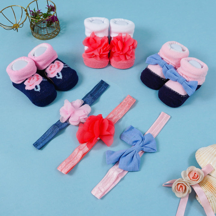 SUNSHINE BABY 6 PCS HEADBAND & SOCKS SET BOW  PEACH & NAVY BLUE 0-9M