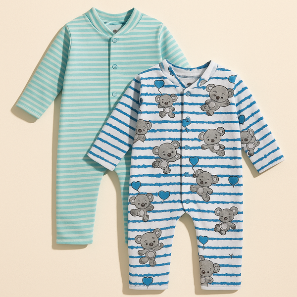 Baby Cotton Full Body Sleepsuit Pack Of 2 Bear Green - Sunshine