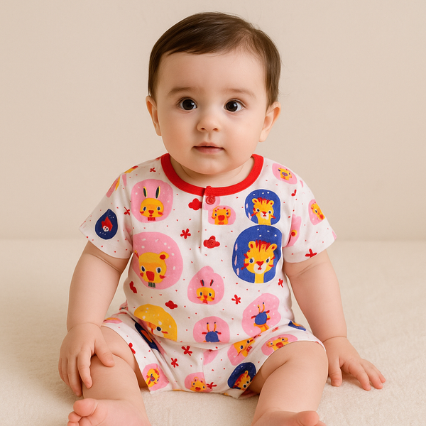 Baby Cotton Half Sleeves Sleepsuit Happy Animals Red (0-3 Months) - Sunshine
