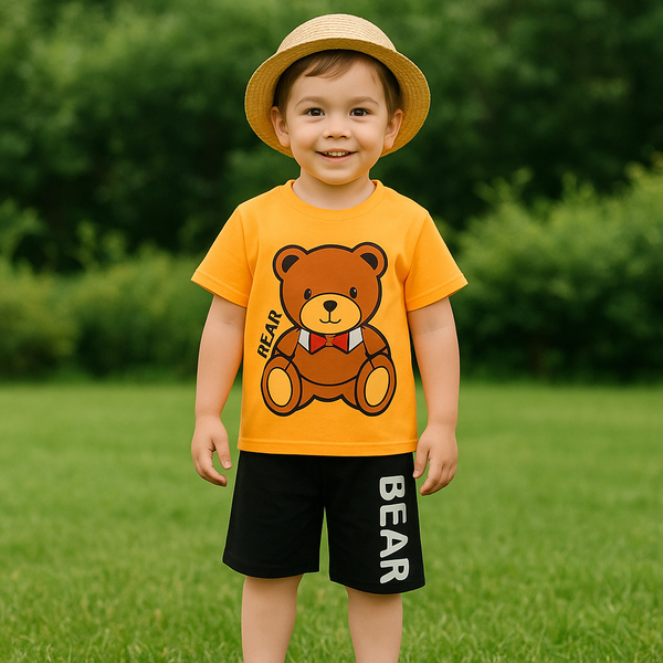 Kids T-Shirt & Short Set Printed Bear Mustard - Sunshine