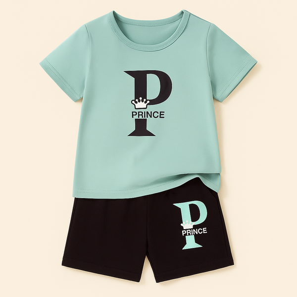Kids T-Shirt & Short Set Printed Prince Black & Sea Green - Sunshine