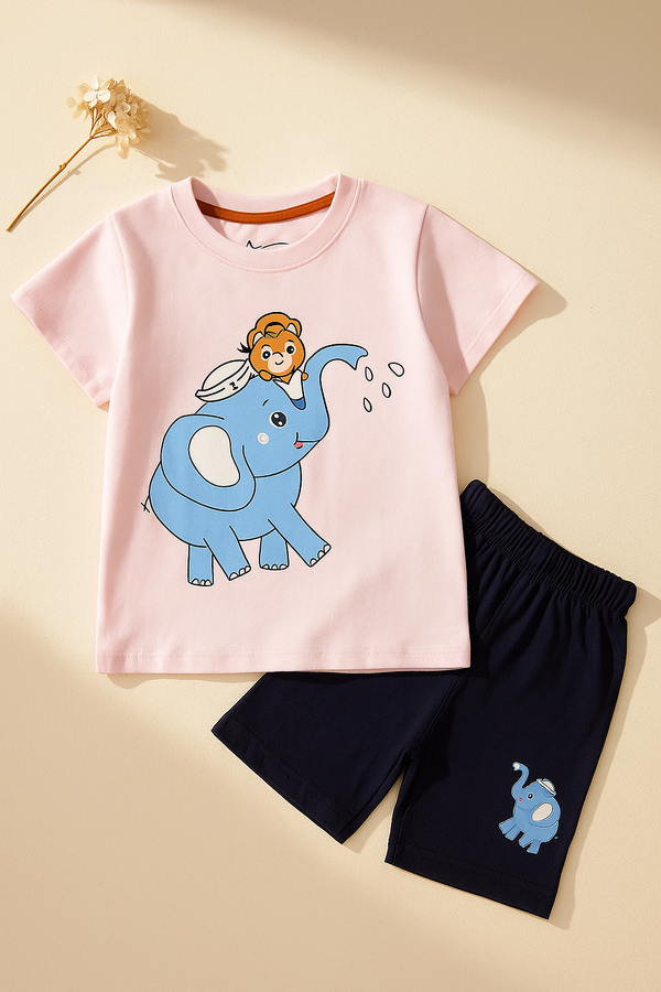 Kids T-Shirt & Short Set Elephant Baby Pink - Sunshine