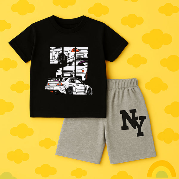 SUNSHINE KIDS SHIRT & SORT SET CAR BLACK & GREY 4Y