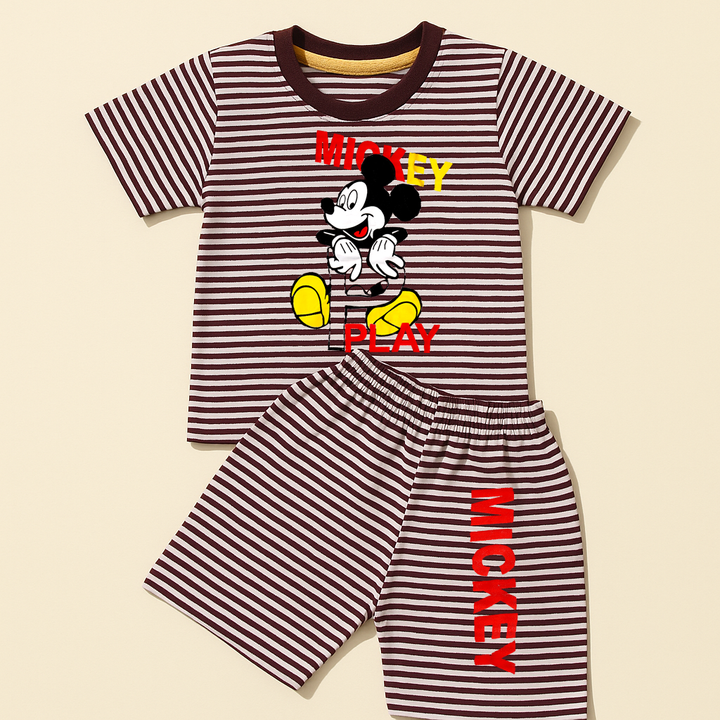 SUNSHINE SHORT & SHIRT STRIPES MICKEY MAROON (XL) 4-5Y