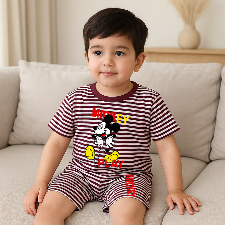 SUNSHINE SHORT & SHIRT STRIPES MICKEY MAROON (XL) 4-5Y