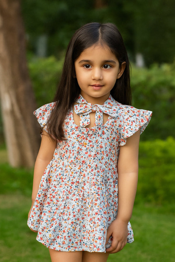 SUNSHINE GIRLS COTTON FROCK MINI FLOWERS PEACH 120 5-6Y