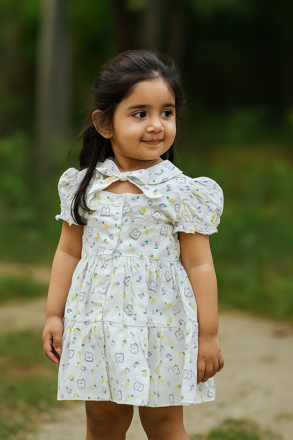 SUNSHINE GIRLS COTTON FROCK BABY RABBITS YELLOW 120 5-6Y