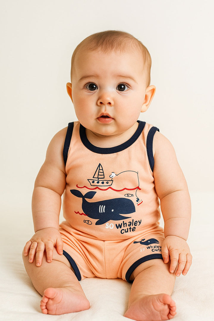 SUNSHINE KIDS SANDO SET CUTE WHALE PEACH 4-5Y