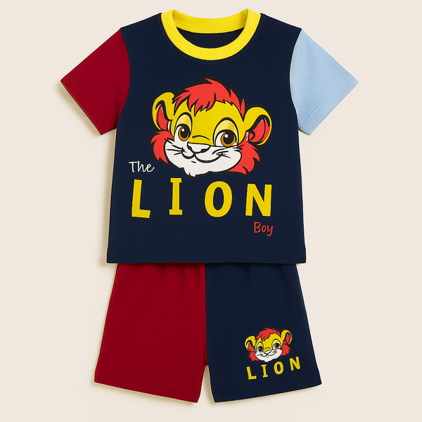 Kids Cotton T-Shirt & Short Set Lion Navy Blue - Sunshine