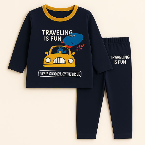 Kids Full-Sleeves Pajama Set Dino Car Navy Blue - Mini Charm