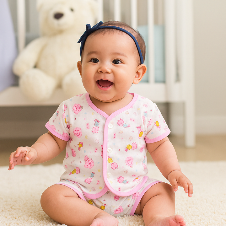 SUNSHINE BABY COTTON JHABLA T-SHIRT & SHORT MULTI CHARACTER PINK (NB)