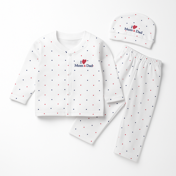 SUNSHINE BABY 3 PCS GIIFT SET I LOVE MOM & DAD POLKA DOTS WHITE FS 9-12M