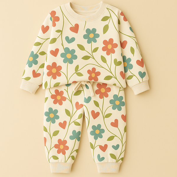 Kids Printed Fleece Tracksuit Floral Off White - Mini Charm