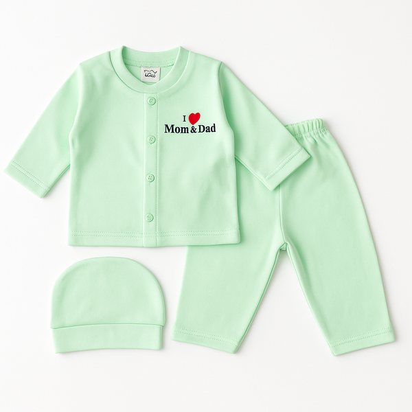 SUNSHINE BABY 3 PCS GIIFT SET I LOVE MOM & DAD GREEN FS 9-12M