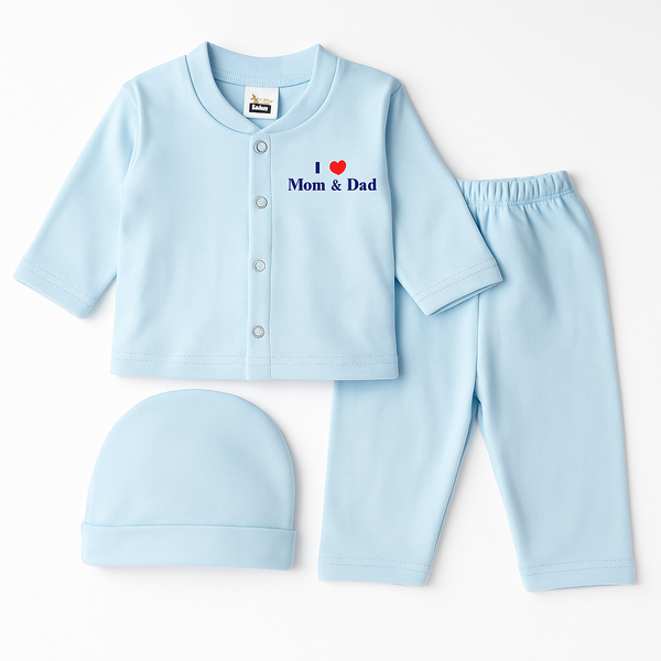 SUNSHINE BABY 3 PCS GIIFT SET I LOVE MOM & DAD BLUE FS 9-12M