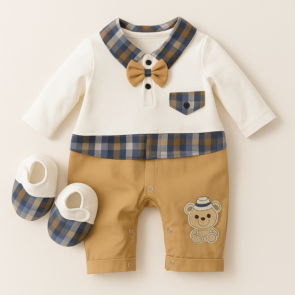SUNSHINE BABY COTTON ROMPER SET BEAR BROWN & WHITE 6-9M (MG)