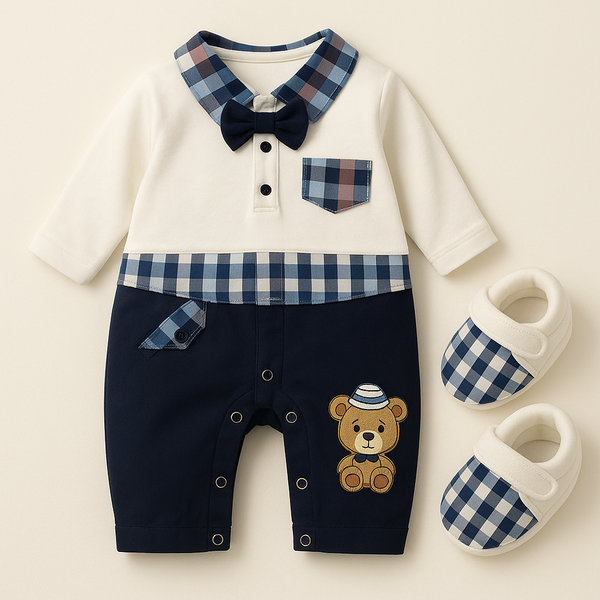 SUNSHINE BABY COTTON ROMPER SET BEAR MULTI CHECK NAVY BLUE 6-9M (MG)