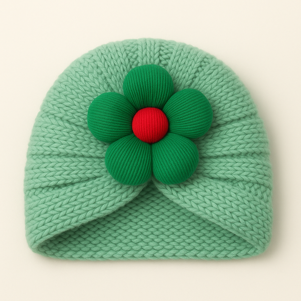 SUNSHINE BABY WOOLEN TURBAN CAP FLOWER SEA GREEN