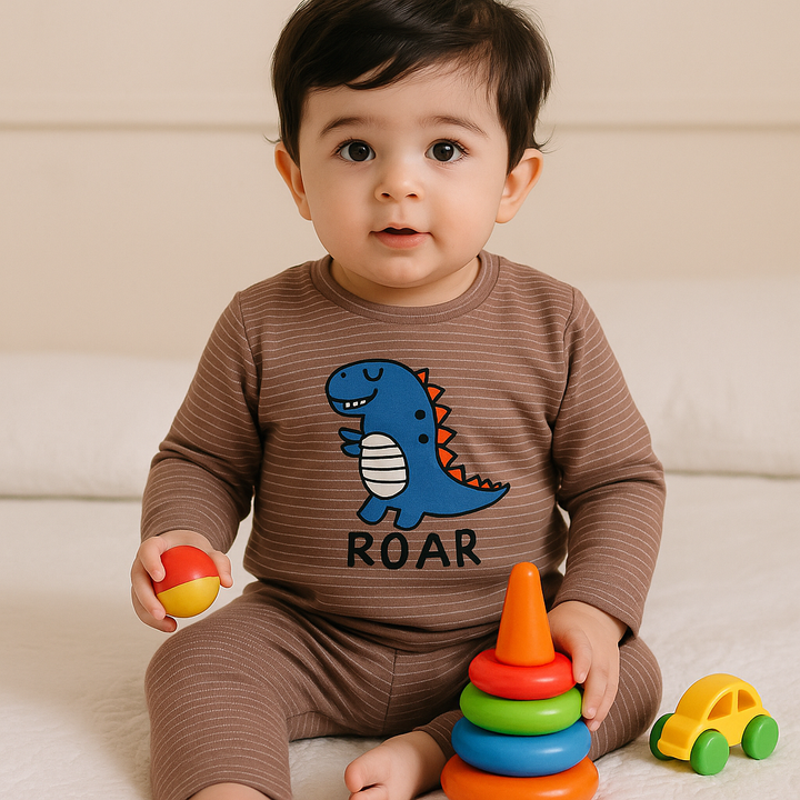 SUNSHINE BABY PAJAMA SET ROAR DINO NARROW STRIPES BROWN 12-18 M