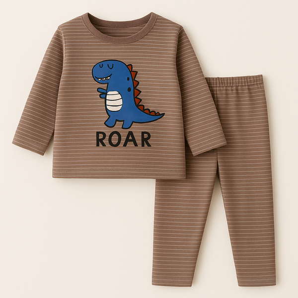 SUNSHINE BABY PAJAMA SET ROAR DINO NARROW STRIPES BROWN 12-18 M
