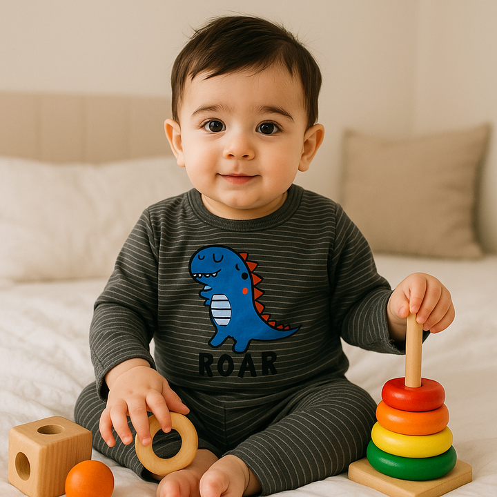 SUNSHINE BABY PAJAMA SET ROAR DINO NARROW STRIPES GREY 12-18 M