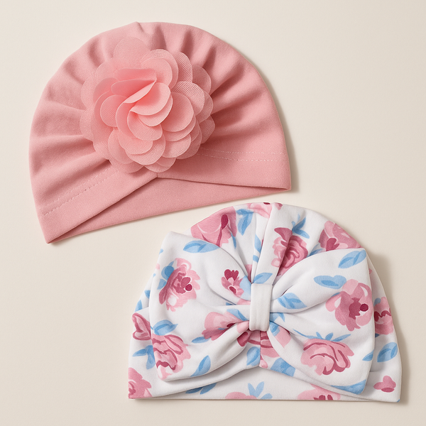 SUNSHINE BABY 2 PCS TURBAN CAP SET FLOWERS PINK 0-6M