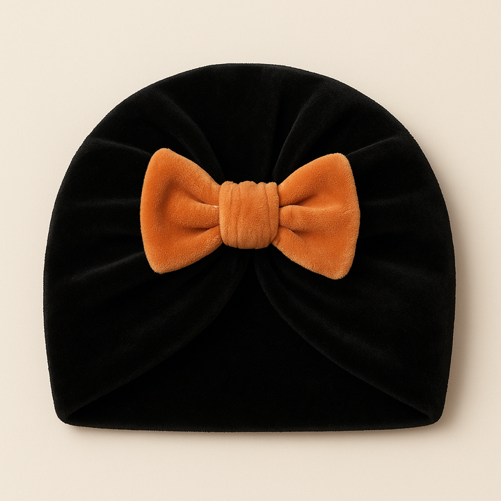SUNSHINE BABY GIRLS TURBAN CAP BLACK & BOW BROWN
