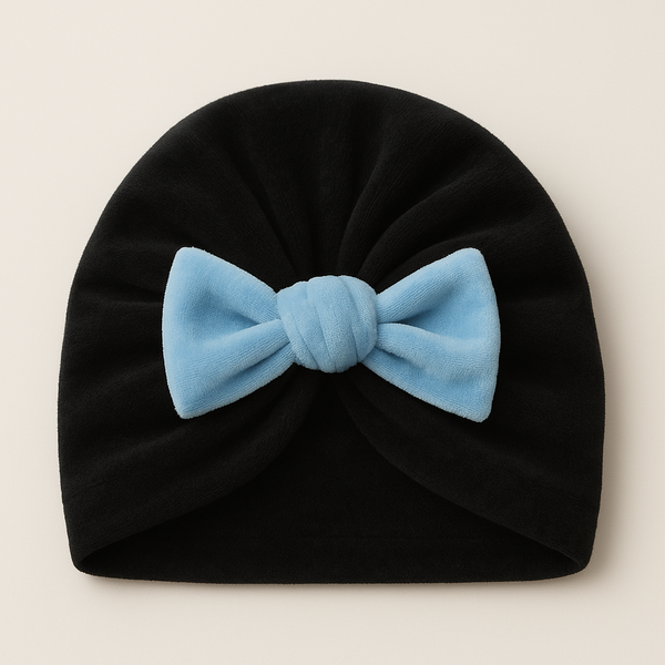 SUNSHINE BABY GIRLS TURBAN CAP BLACK & BOW BLUE