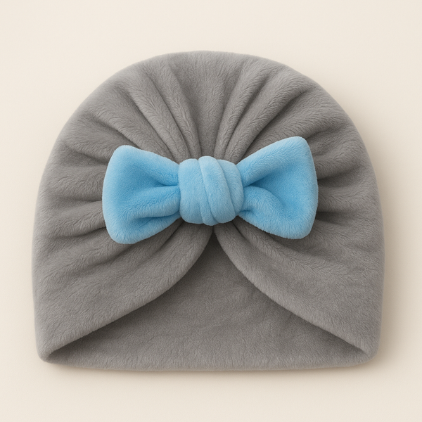 SUNSHINE BABY GIRLS TURBAN CAP GREY & BOW BLUE