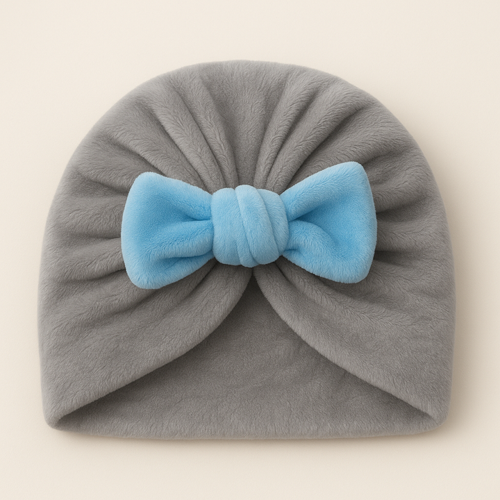 SUNSHINE BABY GIRLS TURBAN CAP GREY & BOW BLUE