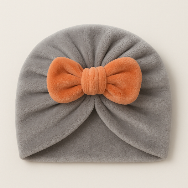 SUNSHINE BABY GIRLS TURBAN CAP GREY & BOW BROWN