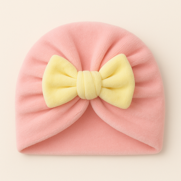 SUNSHINE BABY GIRLS TURBAN CAP BABY PINK & BOW YELLOW