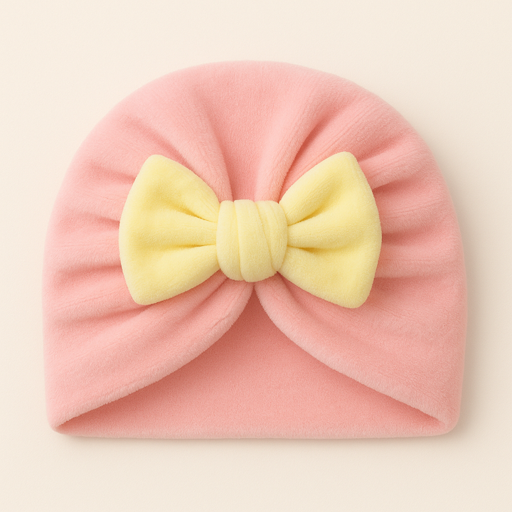 SUNSHINE BABY GIRLS TURBAN CAP BABY PINK & BOW YELLOW
