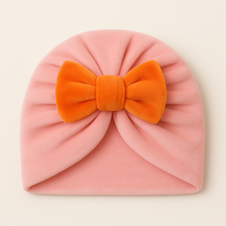 SUNSHINE BABY GIRLS TURBAN CAP BABY PINK & BOW ORANGE