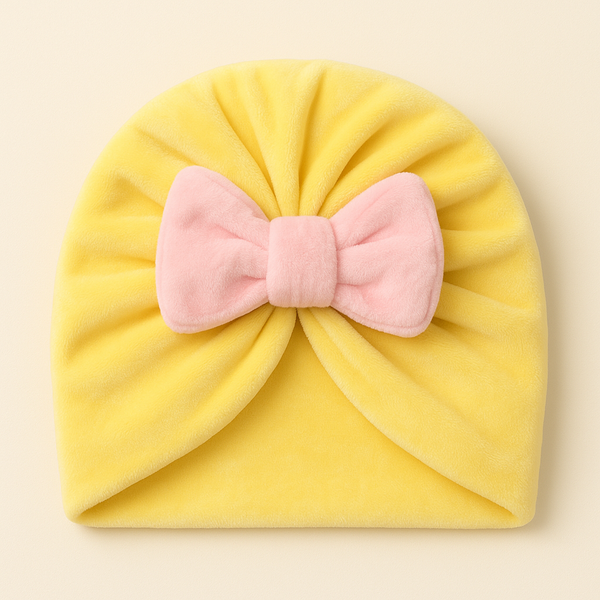 SUNSHINE BABY GIRLS TURBAN CAP BABY YELLOW & BOW PINK
