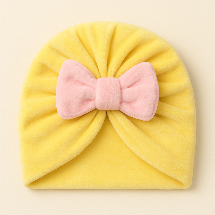 SUNSHINE BABY GIRLS TURBAN CAP BABY YELLOW & BOW PINK