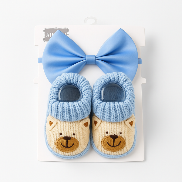 SUNSHINE NEWBORN BABY 2 PCS SET WOOLEN BOOTIES BEAR BEIGE & BLUE  & BLUE BOW