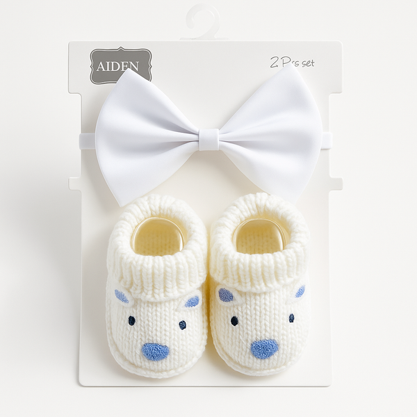 SUNSHINE NEWBORN BABY 2 PCS SET WOOLEN BOOTIES MOUSE WHITE & WHITE BOW