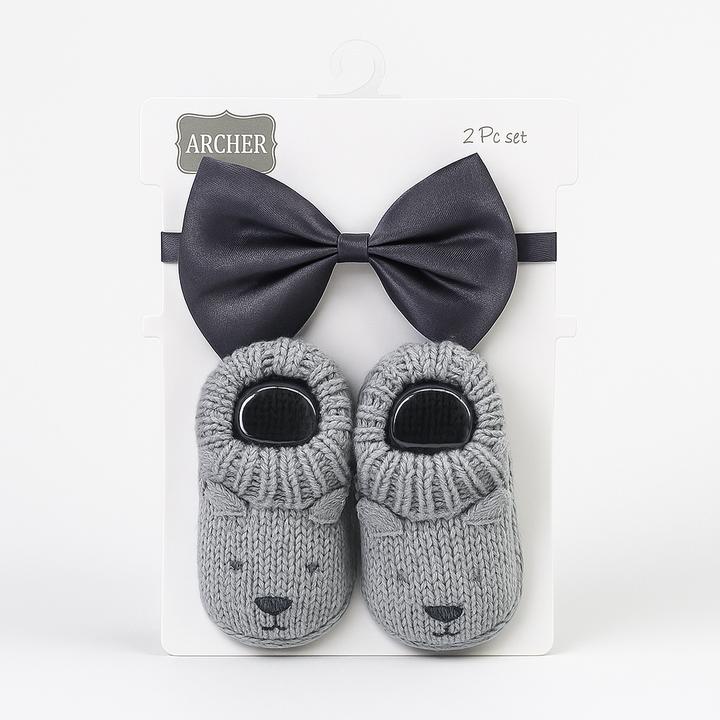 SUNSHINE NEWBORN BABY 2 PCS SET WOOLEN BOOTIES BEAR GREY & GREY BOW