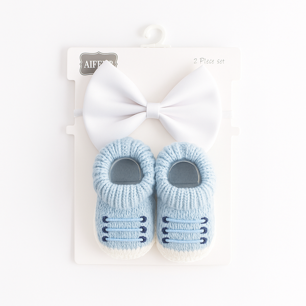 SUNSHINE NEWBORN BABY 2 PCS SET WOOLEN BOOTIES LACES BLUE & WHITE BOW