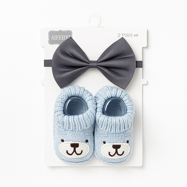 SUNSHINE NEWBORN BABY 2 PCS SET WOOLEN BOOTIES BEAR BLUE & GREY BOW