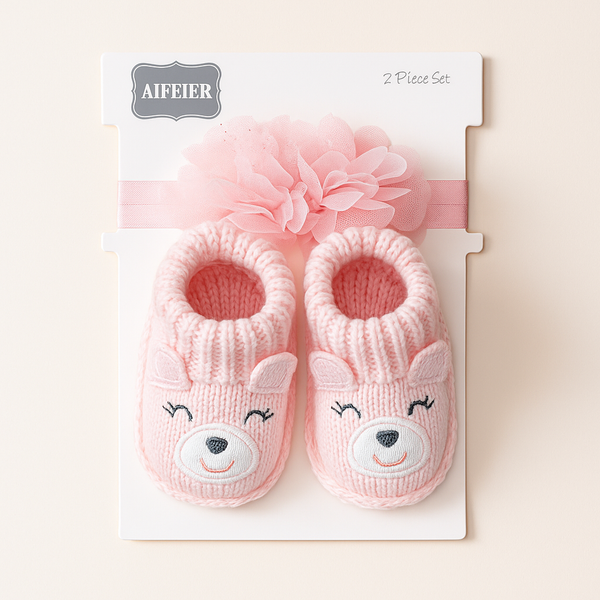SUNSHINE NEWBORN BABY 2 PCS SET WOOLEN BOOTIES BEAR PINK & PINK BOW