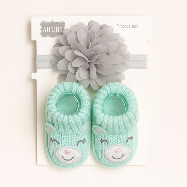 SUNSHINE NEWBORN BABY 2 PCS SET WOOLEN BOOTIES BEAR GREEN & GREY BOW