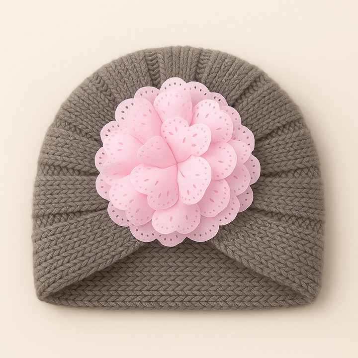 SUNSHINE BABY KITTED WOOLEN CAP FLOWER GREY